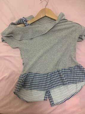Girls' Grey Knit Top with Blue Plaid Hem